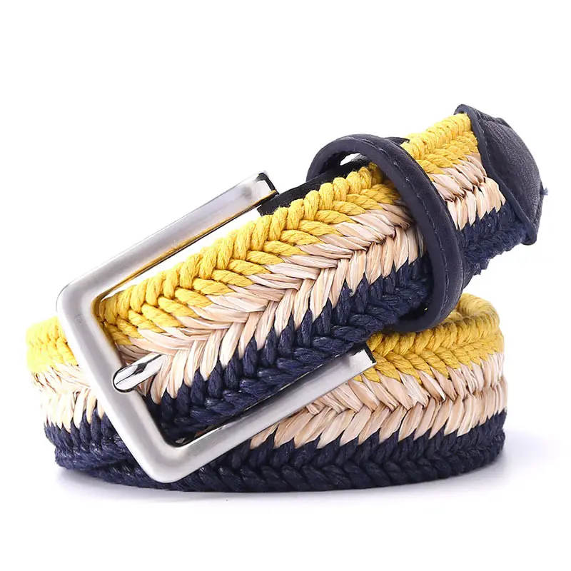 Classic fish bone pattern woven belt wax rope straw mixed men's and women's casual canvas belt