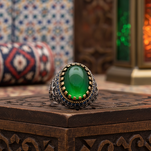 Green Cat Eye Gemstone Ottoman Design Star Design Turkish Handcraft Wholesale Authentic 925 <b>Silver</b> <b>Men</b> <b>Ring</b> - Product Image 3