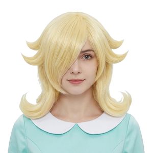 Nueva Peluca de Anime Princesa Daisy COS, Peluca Larga Ligeramente Rizada Dorada, Fibra Sintética Resistente al Calor, con Gorro de Malla Rosa - Product Image 1