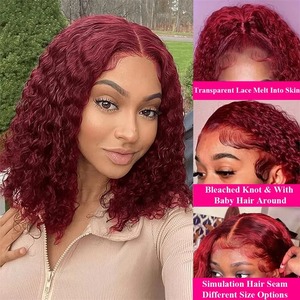 Perruque Bob Bourgogne 99J Double Drawn Kinky Curly 13x4 HD Lace <span class=keywords><strong>Cheveux</strong></span> Humains Bruts Sans Colle Pré-Pluckée pour Femmes Noires - Product Image 3