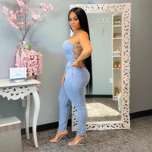 <span class=keywords><strong>Combinaison</strong></span> en jean pour <span class=keywords><strong>femme</strong></span> YUANBOFEI, délavée clair, sans manches, col halter, coupe skinny, dos lacé, style décontracté streetwear - Product Image 3