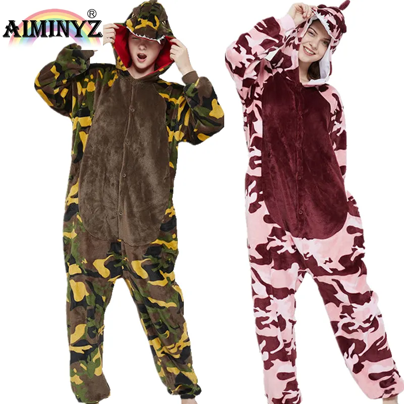 AIMINYZ ODM 2023 Design de Moda Camuflagem Personalizar Outono Flanela Polar Cartoon Animal Inverno Quente Dinossauro Adulto Onesie Pajam