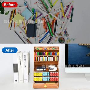 Wooden Desktop Storage Rack <b>6</b> Tier Multi Compartment Pen Holder Stationery Organizer Office Desk Organizer <b>Drawer</b> With Tray - Product Image 2