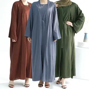 2024 Wholesale EID Ramadan Dubai Turkey Tunic Modest Abaya Plain Women's Dress Muslim Women Linen Open Abaya Dress Two Piece Set