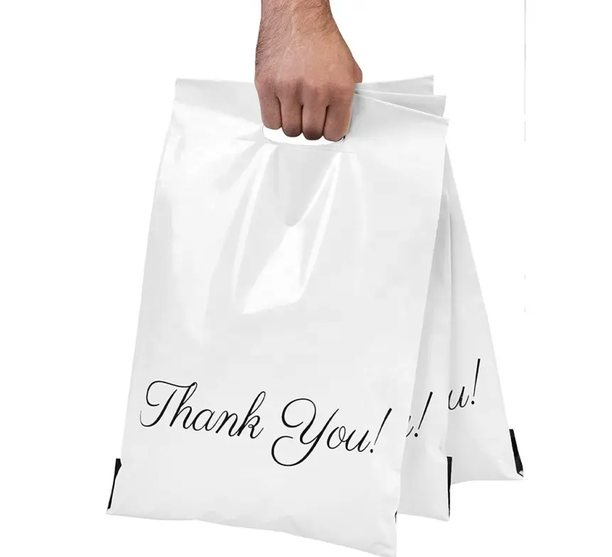 مخصص حقائب مطبوعة من البلاستيك ساعي البريدية التسوق البريد أكياس الملابس التعبئة والتغليف صديقة للبيئة الأبيض شكرا لك الارسال