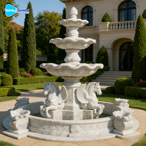 Fontana d'Acqua a 3 Livelli in Marmo Bianco Scolpito a Mano, Personalizzata per Giardino Esterno, con Cavallo, per Chiesa/Cimitero - Product Image 4