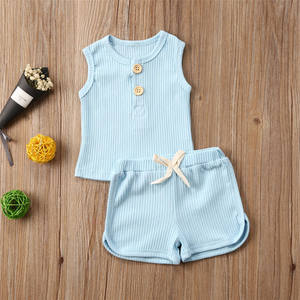 4345 Summer Toddler <strong>Kids</strong> Ribbed Clothing Outfits 2PCS Children's <strong>Cotton</strong> Sleeveless Top+<strong>Shorts</strong> Baby Girls boys Clothes Cute Set - Product Image 3
