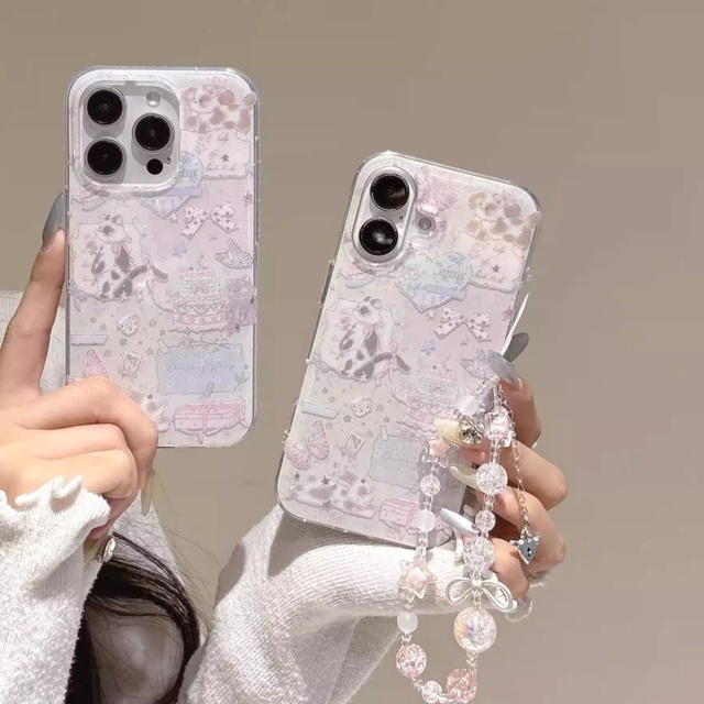 Sweet Girlish Cat Dog Pattern Phone Case With Chain for iPhone 15 14 13 Pro Max INS Cute Full Protective Cover