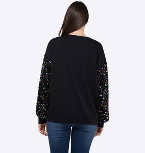 Logo personnalisé polaire paillettes <span class=keywords><strong>brillant</strong></span> <span class=keywords><strong>noir</strong></span> pulls pulls côtelés col rond automne hiver sweat-shirt en coton - Product Image 5