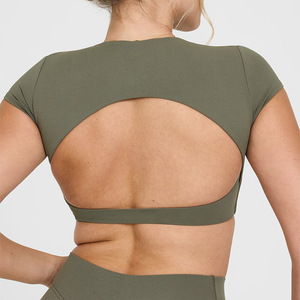 Yimo kadınlar yuvarlak boyun Backless egzersiz gömlek kadın kısa kollu kırpma Yoga üst Lady spor çabuk kuruyan koşu tişörtü - Product Image 4
