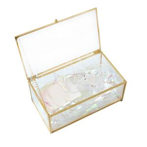 Glass Jewelry Box Rectangle Transparent Trinket Organizer With Golden Edge And Lid