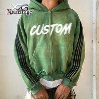 Sweat à capuche épais personnalisé vintage avec fermeture éclair, effet délavé, poches usées, pour homme, coupe oversize, en polaire brodé 100% coton