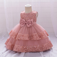 Robe de princesse à col rond pour enfants, style européen et américain, avec paillettes, pour bébé fille d'un an, robe de performance pour anniversaire