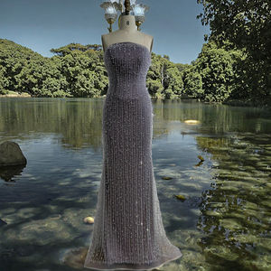 Lilac Strapless Mermaid Beaded <b>Floor</b>-<b>Length</b> Satin Evening <b>Gown</b> Formal Party Dress for Women - Product Image 2