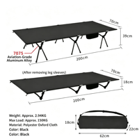 Lit de camping pliable moderne et léger pour l'extérieur, en alliage d'aluminium portable, tissu Oxford 600D, lit individuel pour la plage ou le repos au bord du lit