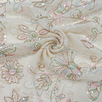 Tissu en organza tissé en polyester avec superposition de dentelle, coloris macaron, broderie perlée et pailletée, léger, pour mariage musulman modeste