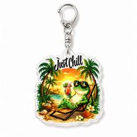 Porte-clés personnalisé en acrylique, motif grenouille tropicale 'Just Chill', cadeau de plage, breloque de sac personnalisée, accessoire de vacances transparent, vente en gros