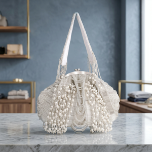 Best Quality Elegant Beaded Shell <b>Wedding</b> Evening <b>Clutch</b> Bag Pearl Metal Frame FLAP Closure Shoulder Strap 1L Capacity - Product Image 3