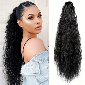 Queue de cheval synthétique longue ondulée Yaki à clipser, extension de cheveux lisses à pince pour femme - Product Image 3
