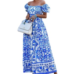 Abito Lungo Casual da Donna con Stampa Bohémien, Spalle Scoperte, Vita Alta e Ampia Gonna - Product Image 1