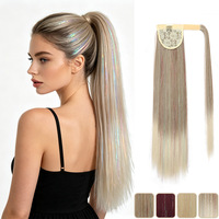 Queue de cheval à clipser pour femme, cheveux chinois longs et lisses, effet laser, soyeux et brillant, style célébrité internet, non-Remy, 24 pouces, pour l'exportation