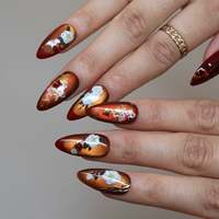 Faux ongles à presser en acrylique chinois, forme amande, motif camélia œil-de-chat, fleur blanche, nuage, feuille d'or et strass rouges, pour le Nouvel An