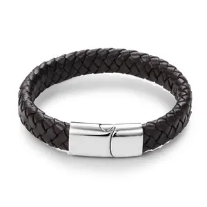 Men Jewelry Black/Brown Braided Leather Bracelet Stainless Steel Magnetic Clasp Fashion Bangles