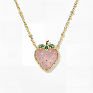 Collana con Ciondolo a Forma di Fragola Rosa Placcata <span class=keywords><strong>Oro</strong></span>, Catena in Bambù Smaltata, Gioiello con Pietra Naturale per Donne - Product Image 2