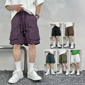 Shorts cargo décontractés en coton polyester tissé, mi-respirants, à taille élastique, 6 poches, teinture unie, pour hommes, pantalon mi-long - Product Image 2