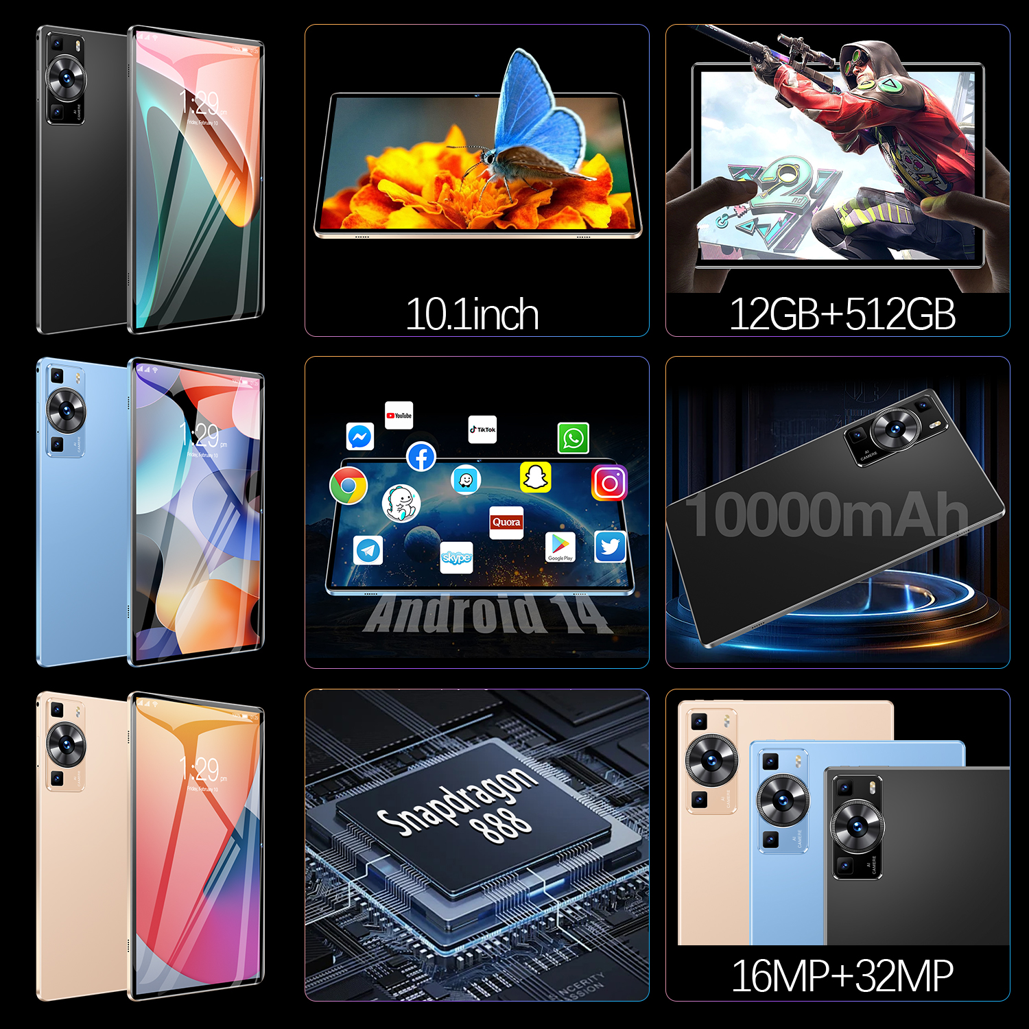 Android 12 Inch Tablet - 12GB RAM, 512GB Storage, Dual OS