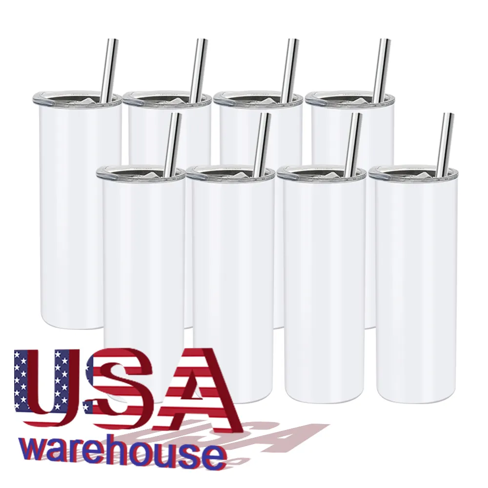 US Warehouse Stock White 20oz 30oz Straight Skinny Sublimation Blanks Stainless Steel Tumblers Cups with Straw and Rubber Bottom