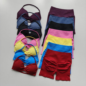 Conjunto de Yoga para Mujer, Transpirable, de Secado Rápido, Spandex/Nylon, Cuello en V, 2 Piezas, Sujetador Deportivo, Shorts de Cintura Alta con Efecto Levanta Glúteos, Sin Costuras, Control de Abdomen - Product Image 1