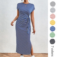Nouvelle robe d'affaires décontractée à manches courtes pour femmes, avec ceinture rayée et fente