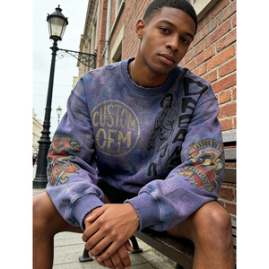 OEM Custom LOGO Vintage and Distressed Look Digital Printing Heavyweight Streetwear 400 GSM Pullover Men's O-Neck Sweatshirt - Product Image 2