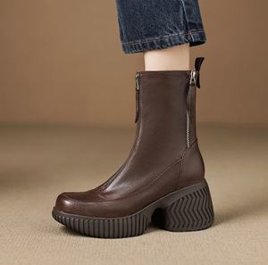 Chaussures à talon épais et bout pointu en cuir véritable et peau de mouton faites à la main pour femme, collection printemps-automne, à enfiler - Product Image 5