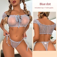 Set Lingerie Seksi Kimi ODM Eropa Amerika Musim Panas Tanpa Tali, Atasan Bandeau, Celana Dalam, Pakaian Tidur Off-shoulder dengan Tali Ikat