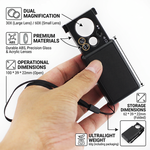Loupe <span class=keywords><strong>de</strong></span> poche pliable à double puissance LED UV 30X 60X avec 3 piles LR1130 pour l'inspection des diamants, des pierres précieuses et des pièces <span class=keywords><strong>de</strong></span> monnaie - Product Image 4