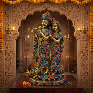 Figurine Krishna Radha en laiton plaqué or, objet religieux, sculpture d'art, décoration d'intérieur, objet de collection - Product Image 3
