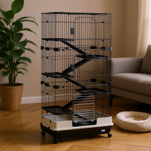 Jaula Negra de 6 Niveles para Animales Pequeños con Ruedas y Bandeja Deslizable para Conejos, Chinchillas y Hurones, Uso en Interiores - Product Image 2