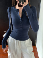Kaus lengan panjang wanita, kaus blus lengan panjang, poliester spandeks, kancing, kasual, nyaman, Y2K