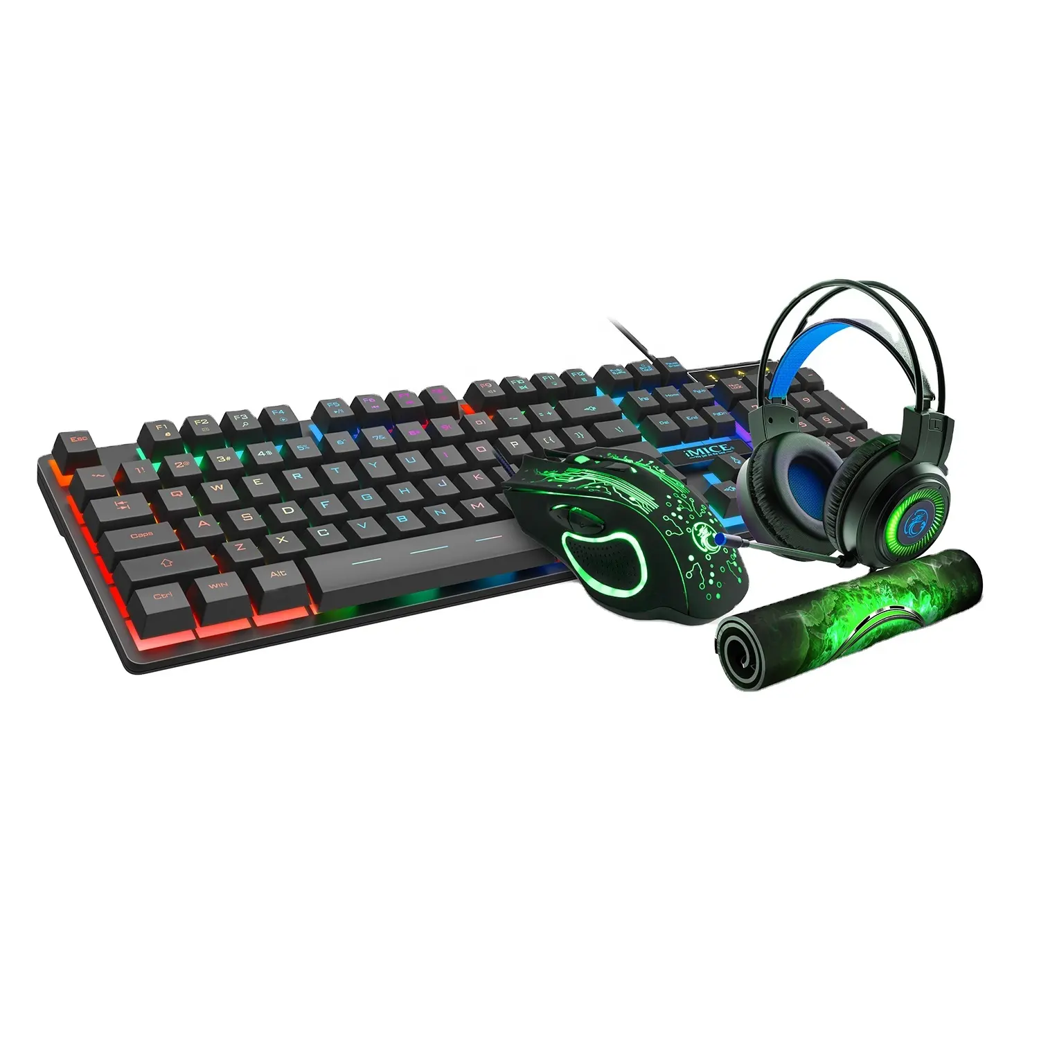 iMICE GK-490 Grünes Farb-Complettset USB-Verkabelte Maus Tastatur und Headset Mauspad 4IN1