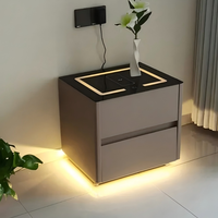 Mesita de Noche Moderna Europea de Madera Maciza Inteligente, con Carga Inalámbrica, Iluminación LED, 2 Cajones, Ecológica y Duradera para Dormitorio