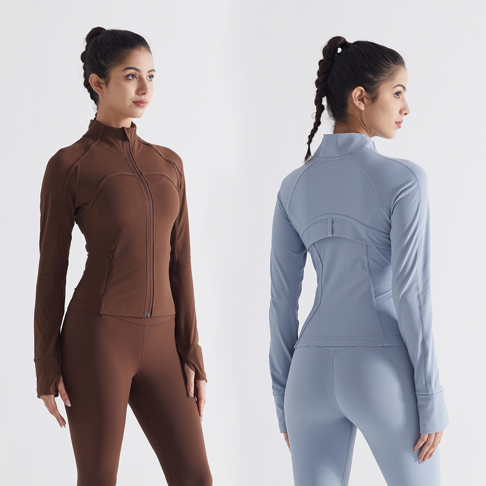 Ribbed Yoga Jacket Women Stand Collar Zip up Top Quick Dry Breathable Fitness Long Sleeve Sports Jacket