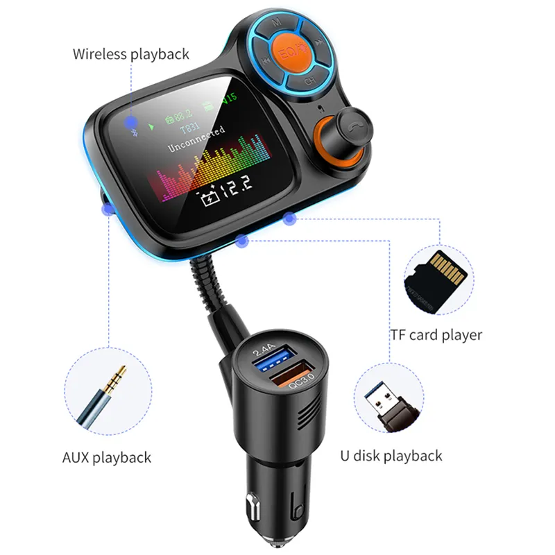 Pengisi Daya Pemancar Fm Kit Mobil Pemutar Mp3, Perlengkapan Mobil Pemutar Mp3, Hands Free Port Usb Ganda Bt5 Tampilan Warna Desain Baru