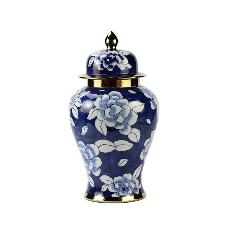 RYKB142 peinture à la main moderne motif de fleur de jasmin porcelaine bleue et blanche pot de rangement en céramique avec plaqué or