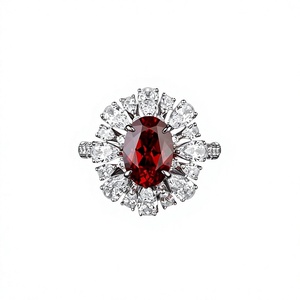 Anillo de cóctel de plata 925 para mujer con rubí ovalado y diseño de flor de diamantes, anillo de compromiso de lujo - Product Image 1