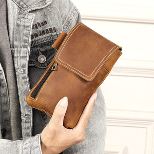 Genuine Full Grain Cowhide Retro Men's Waist Bag Mobile <b>Phone</b> <b>Pouch</b> Multifunctional Leather <b>Belt</b> Bag with Pen Holder - Product Image 2