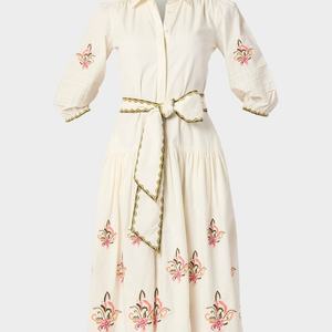 Vestido de algodón con cuello en V bordado Floral para mujer, cintura Natural, longitud Midi, botón decorativo tejido, estilo de vacaciones informal diario - Product Image 2