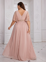 Grande taille dentelle avec fleur forme Design Patchwork froncé taille col en V volant manches Maxi en mousseline de soie élégante robe de soirée formelle