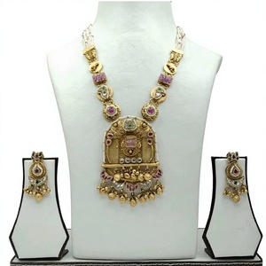 Antique Gold Temple Necklace <b>Set</b> with Multi Strand <b>Beads</b> Heavy Kundan Polki Pendant and Matching Earrings - Product Image 3